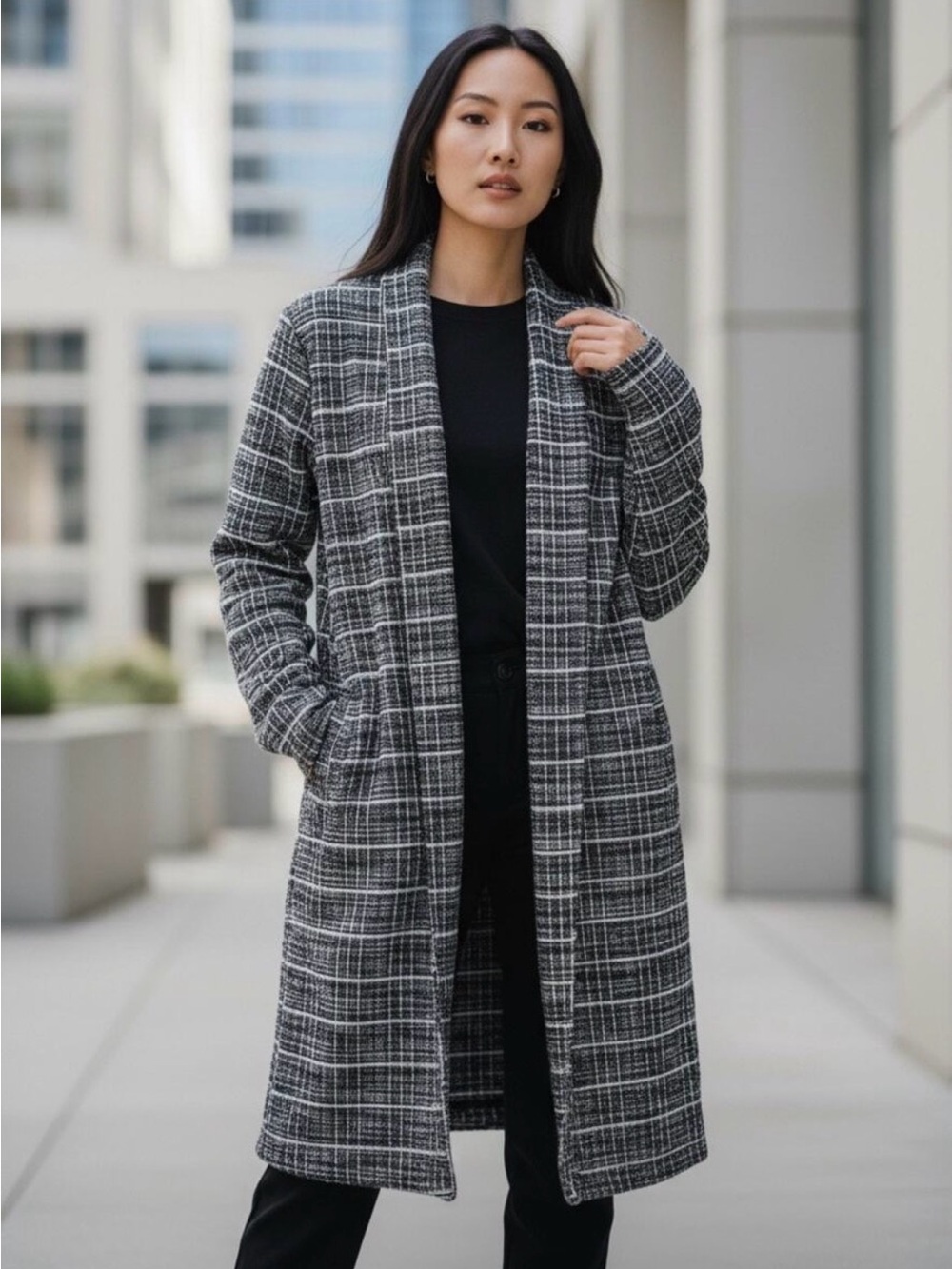 Zara / Textured Tweed Longline Shacket Black White Plaid Open Front Coatigan